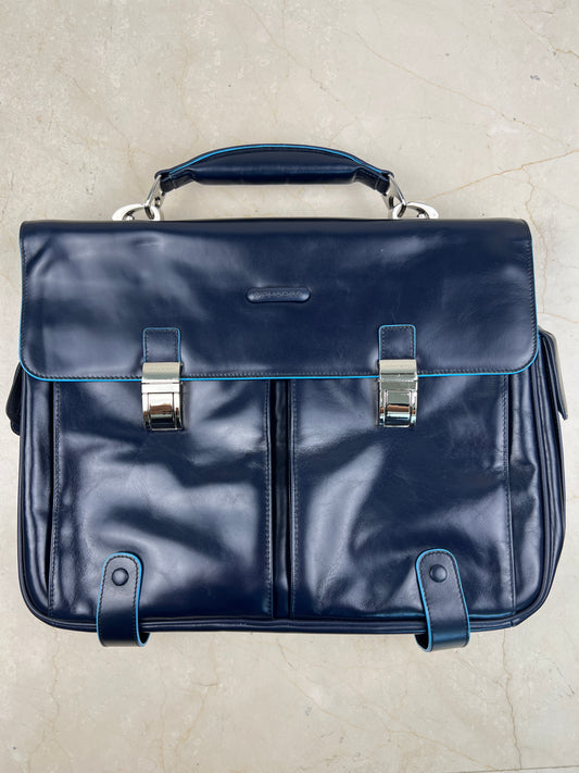 Piquadro CA1068B2 Blue Square Leather Laptop Briefcase